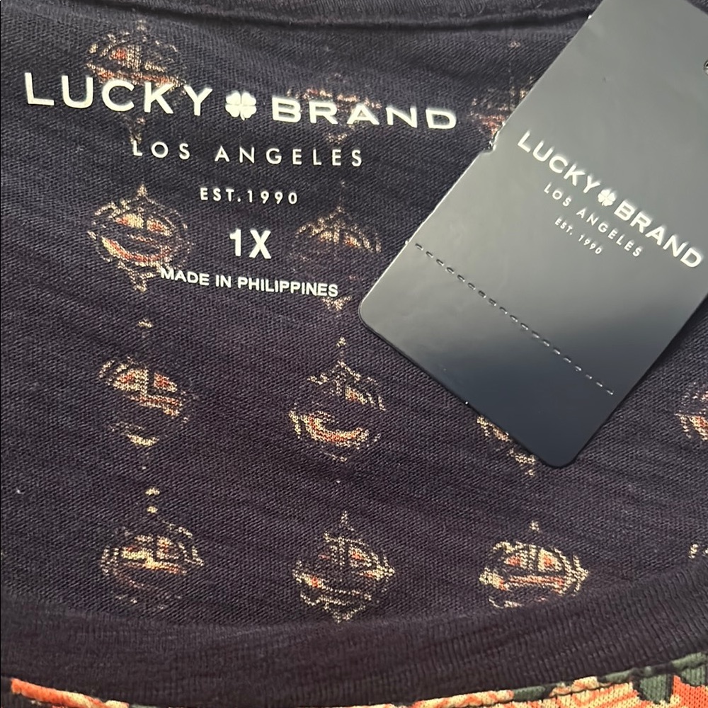 LUCKY🍀BRAND⭐️NWT Bohemian Graphic Blue & Orange Short Sleeve Top Size 1X - Picture 4 of 8